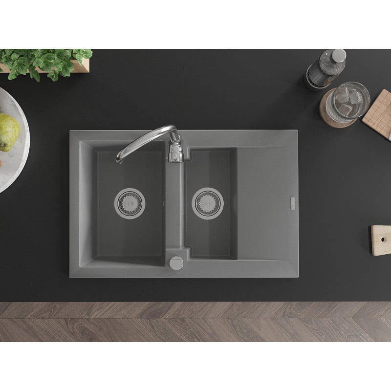 Mexen Gaspar évier en granit 1,5 bac avec égouttoir 737 x 475 mm, gris, siphon chromé - 6507731505-71