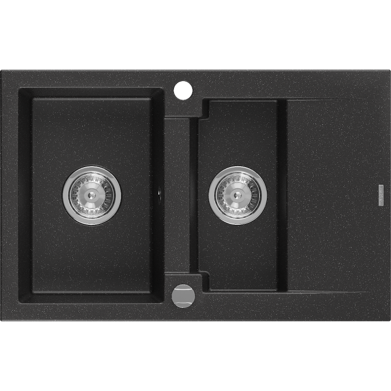Mexen Gaspar évier en granit 1,5 bac avec égouttoir 737 x 475 mm, noir/argent métallisé, siphon chrome - 6507731505-73