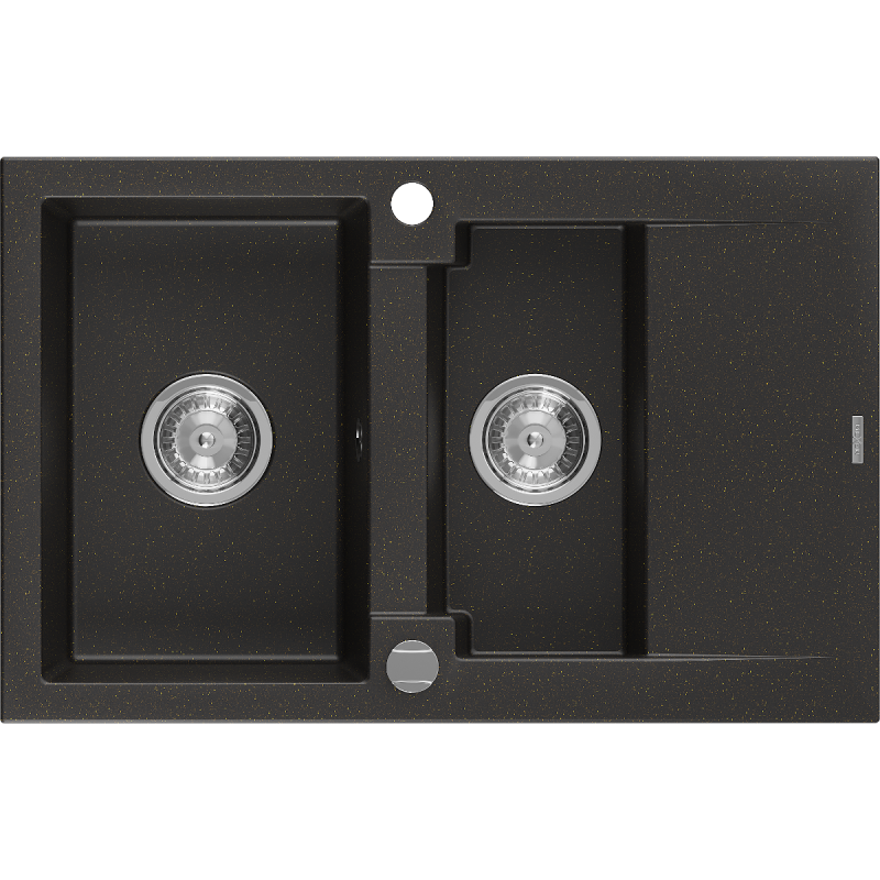 Mexen Gaspar évier en granit 1,5 bac avec égouttoir 737 x 475 mm, noir/doré métallisé, siphon chromé - 6507731505-75