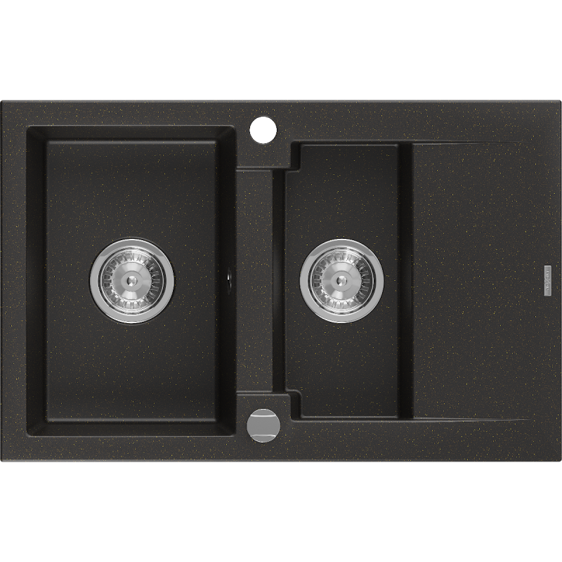 Mexen Gaspar évier en granit 1,5 bac avec égouttoir 737 x 475 mm, noir/métallisé doré, siphon chromé - 6507731505-75