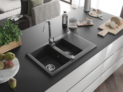 Mexen Gaspar évier en granit à 1,5 cuve avec un égouttoir court 737 x 475 mm, Noir moucheté - 6507731505-76