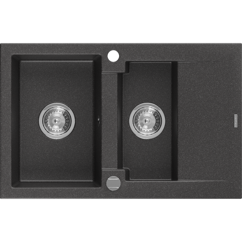 Mexen Gaspar évier en granit 1,5 bac avec égouttoir 737 x 475 mm, noir moucheté, siphon chromé - 6507731505-76
