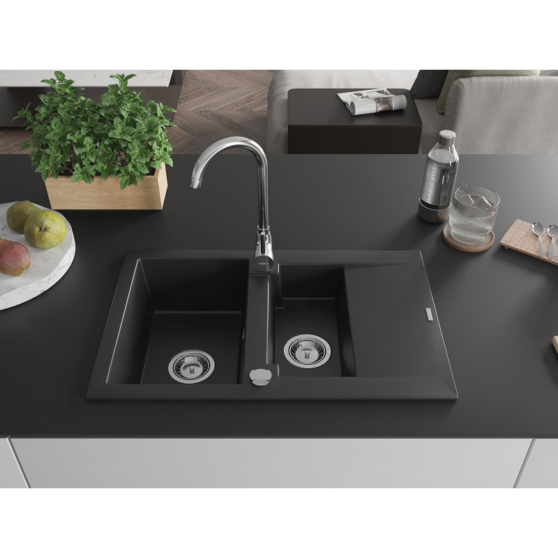 Mexen Gaspar évier en granit 1,5 bac avec égouttoir 737 x 475 mm, noir, siphon chromé - 6507731505-77
