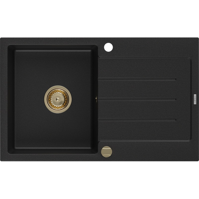Mexen Bruno évier en granit à 1 bac avec égouttoir 795 x 495 mm, noir, siphon doré - 6513791010-77-G