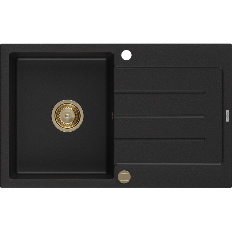 Mexen Bruno évier en granit à 1 cuve avec égouttoir 795 x 495 mm, Noir, siphon Or - 6513791010-77-G