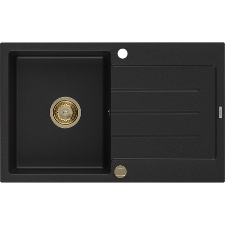 Mexen Bruno évier en granit à 1 cuve avec égouttoir 795 x 495 mm, Noir, siphon Or - 6513791010-77-G