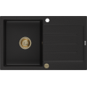 Mexen Bruno évier en granit à 1 cuve avec égouttoir 795 x 495 mm, Noir, siphon Or - 6513791010-77-G