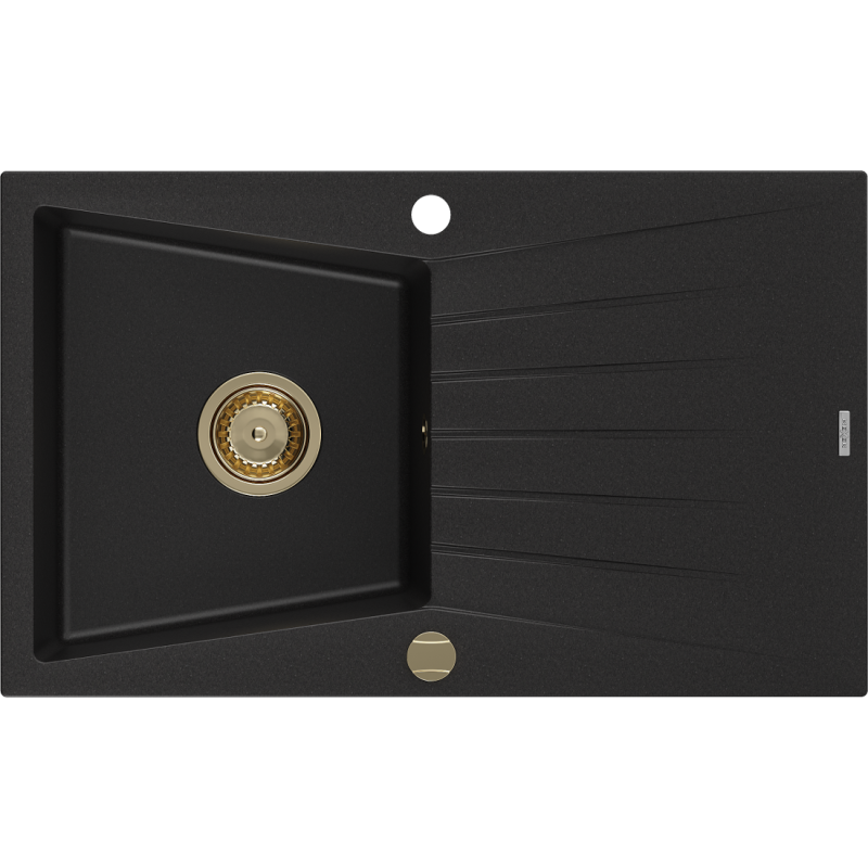 Mexen Cesar évier en granit 1 bac avec égouttoir 775 x 470 mm, noir, siphon doré - 6514771010-77-G