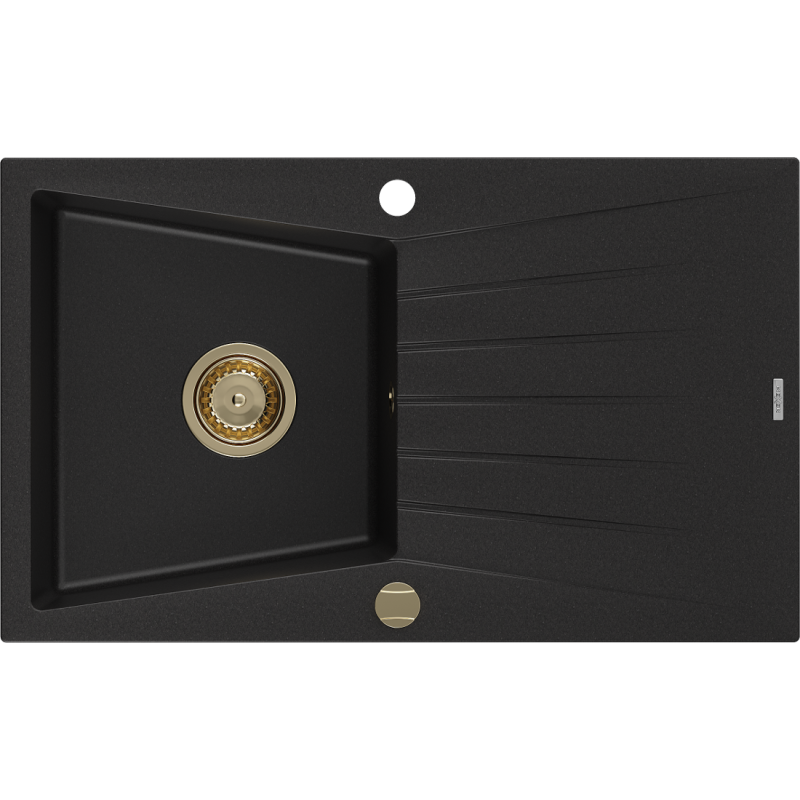 Mexen Cesar évier en granit à 1 bac avec égouttoir 775 x 470 mm, noir, siphon doré - 6514771010-77-G