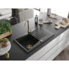 Mexen Cesar évier en granit 1 bac avec égouttoir 775 x 470 mm, noir, siphon doré - 6514771010-77-G