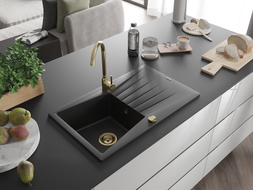 Mexen Cesar évier en granit à 1 bac avec égouttoir 775 x 470 mm, noir, siphon doré - 6514771010-77-G