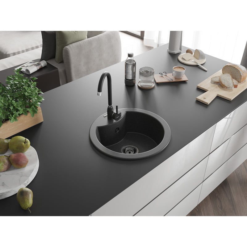 Mexen Diego évier en granit 1-bac 488 x 480 mm, noir moucheté, siphon noir - 6512481000-76-B