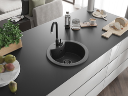 Mexen Diego évier en granit à 1 cuve 488 x 480 mm, Noir moucheté, siphon Noir - 6512481000-76-B