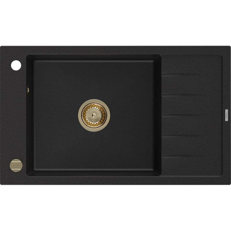 Mexen Elias évier en granit à 1 bac avec égouttoir 795 x 480 mm, noir, siphon doré - 6511791005-77-G