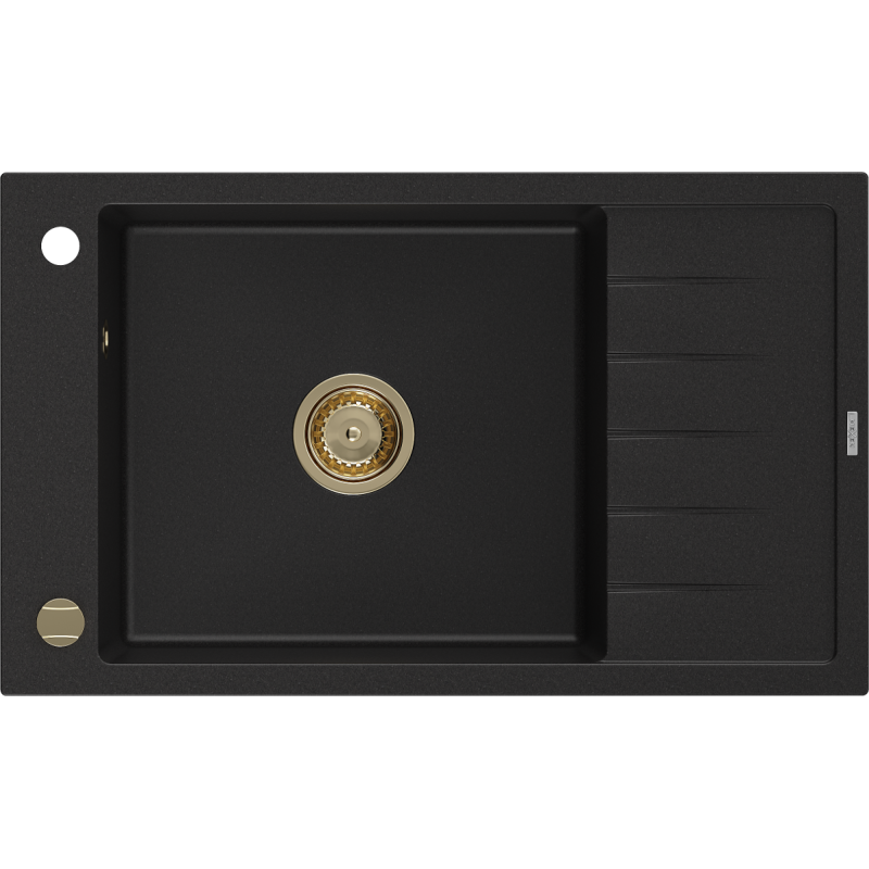 Mexen Elias évier en granit à 1 cuve avec égouttoir 795 x 480 mm, Noir, siphon Or - 6511791005-77-G