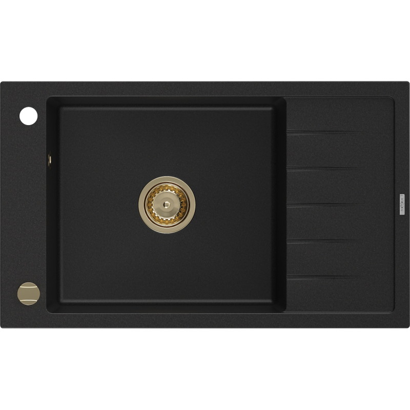 Mexen Elias évier granitique 1 bac avec égouttoir 795 x 480 mm, noir, siphon doré - 6511791005-77-G