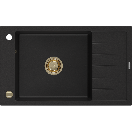 Mexen Elias évier en granit à 1 bac avec égouttoir 795 x 480 mm, noir, siphon doré - 6511791005-77-G