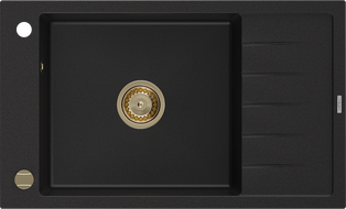 Mexen Elias évier en granit à 1 cuve avec égouttoir 795 x 480 mm, Noir, siphon Or - 6511791005-77-G