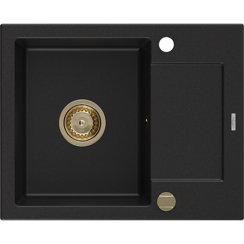 Mexen Enzo évier en granit 1 bac avec égouttoir 576 x 465 mm, noir, siphon doré - 6506571005-77-G