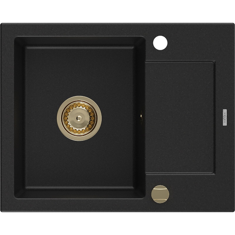 Mexen Enzo évier en granit à 1 bac avec égouttoir 576 x 465 mm, noir, siphon doré - 6506571005-77-G