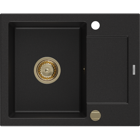 Mexen Enzo évier en granit 1 bac avec égouttoir 576 x 465 mm, noir, siphon doré - 6506571005-77-G