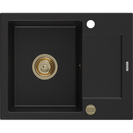 Mexen Enzo évier en granit à 1 bac avec égouttoir 576 x 465 mm, noir, siphon doré - 6506571005-77-G