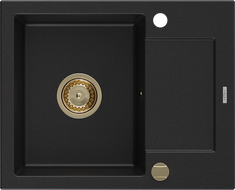 Mexen Enzo évier en granit à 1 bac avec égouttoir 576 x 465 mm, noir, siphon doré - 6506571005-77-G
