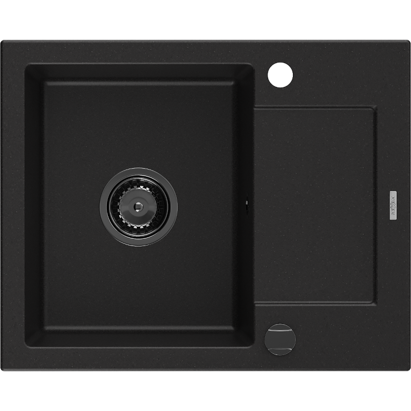 Mexen Enzo évier en granit 1 bac avec égouttoir 576 x 465 mm, noir, siphon noir - 6506571005-77-B