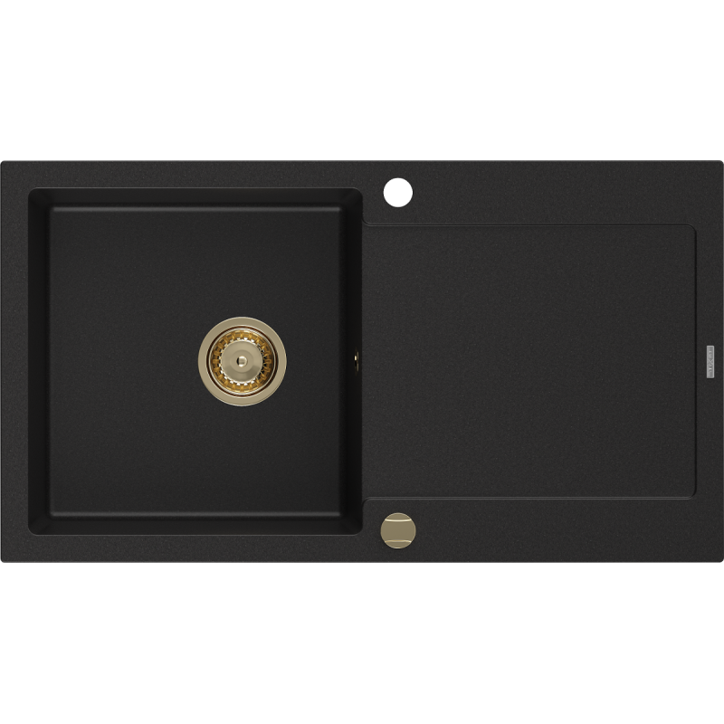 Mexen Leo évier en granit à 1 cuve avec égouttoir 900 x 500 mm, Noir, siphon Or - 6501901010-77-G