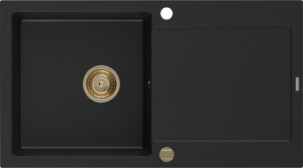 Mexen Leo évier en granit à 1 cuve avec égouttoir 900 x 500 mm, Noir, siphon Or - 6501901010-77-G