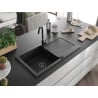 Mexen Leo évier en granit 1 bac avec égouttoir 900 x 500 mm, noir, siphon noir - 6501901010-77-B