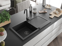 Mexen Leo évier en granit à 1 cuve avec égouttoir 900 x 500 mm, Noir, siphon Noir - 6501901010-77-B