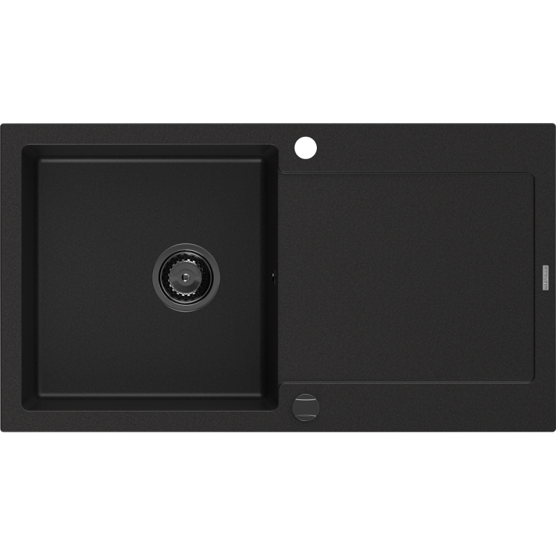 Mexen Leo évier en granit à 1 bac avec égouttoir 900 x 500 mm, noir, siphon noir - 6501901010-77-B