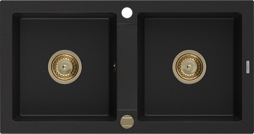 Mexen Mario évier en granit à 2 cuves 820 x 436 mm, Noir, siphon Or - 6504822000-77-G