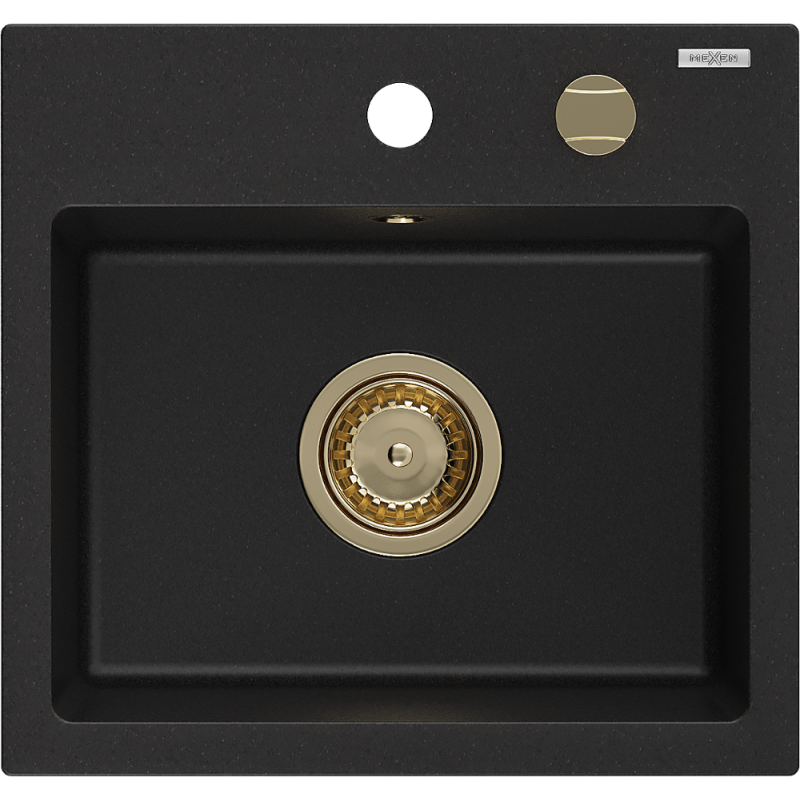 Mexen Milo évier en granit 1 bac 435 x 410 mm, noir, siphon doré - 6505441000-77-G