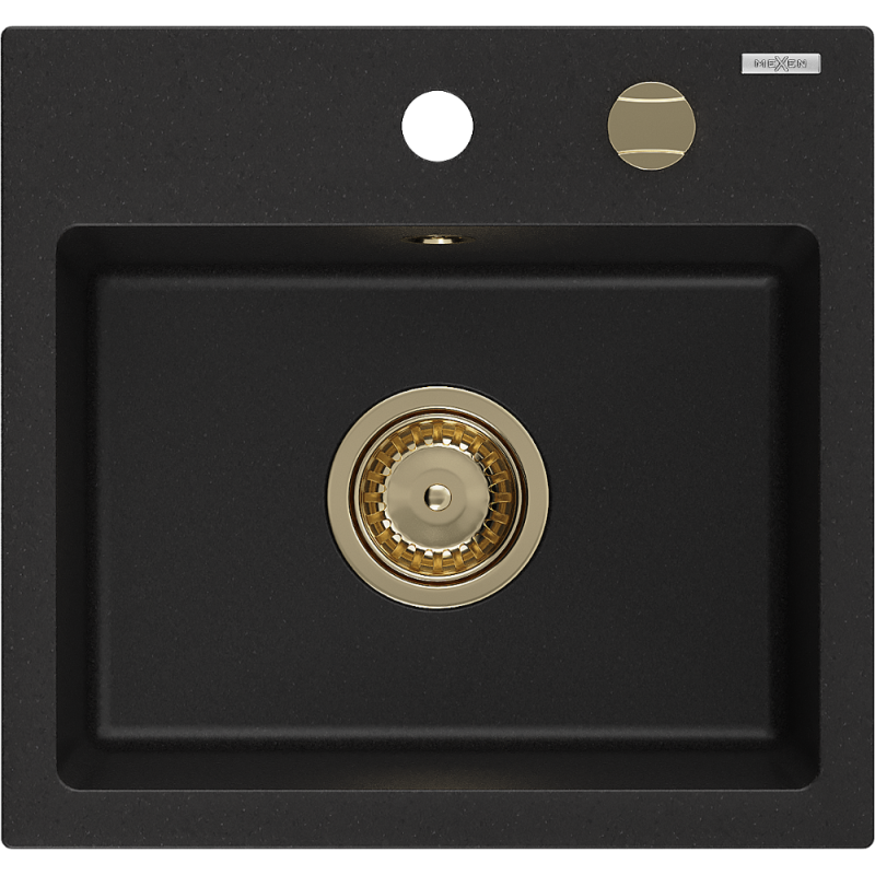 Mexen Milo évier en granit à 1 cuve 435 x 410 mm, Noir, siphon Or - 6505441000-77-G
