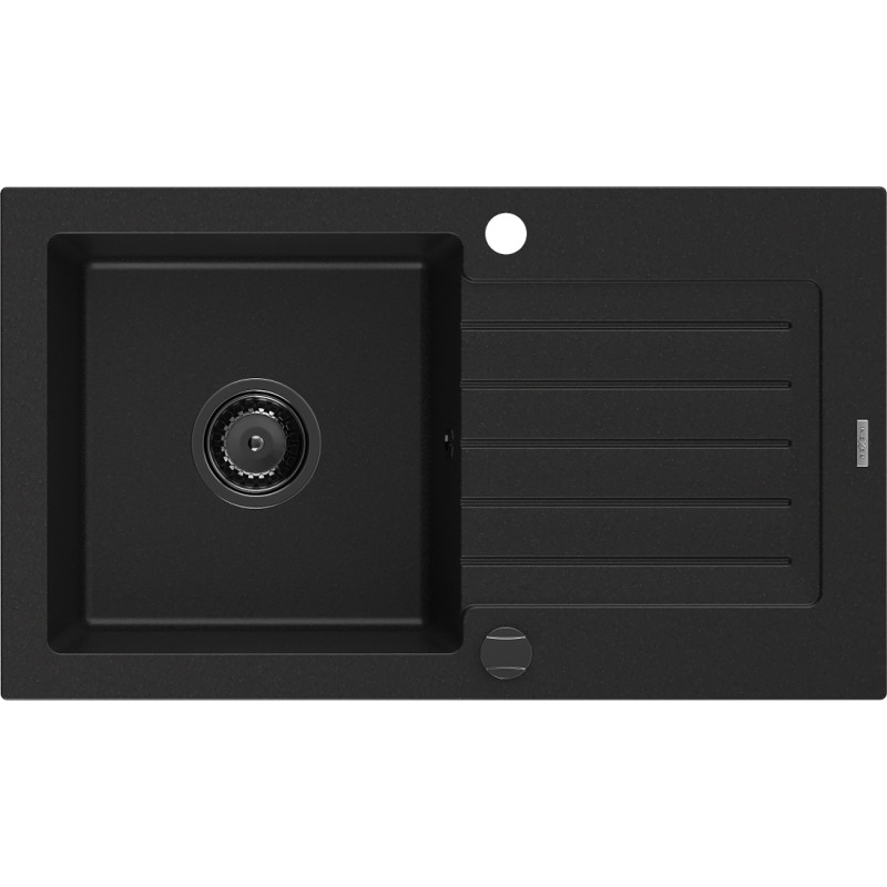 Mexen Pablo évier en granit 1 bac avec égouttoir 752 x 436 mm, noir, siphon noir - 6510751010-77-B