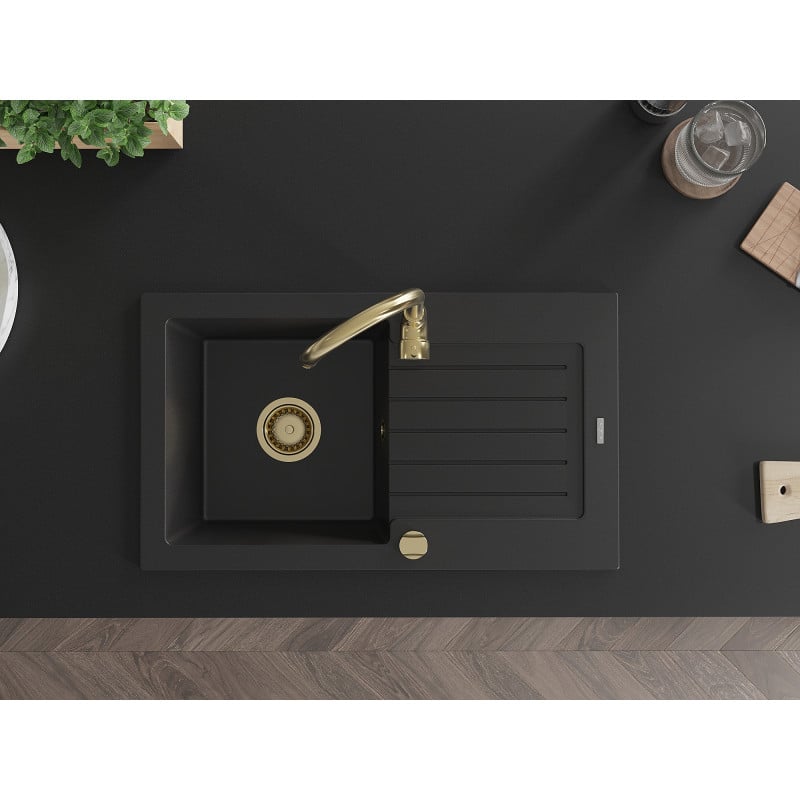 Mexen Pablo évier en granit 1-bac avec égouttoir 752 x 436 mm, noir, siphon doré - 6510751010-77-G