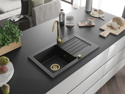 Mexen Pablo évier en granit à 1 cuve avec égouttoir 752 x 436 mm, Noir, siphon Or - 6510751010-77-G
