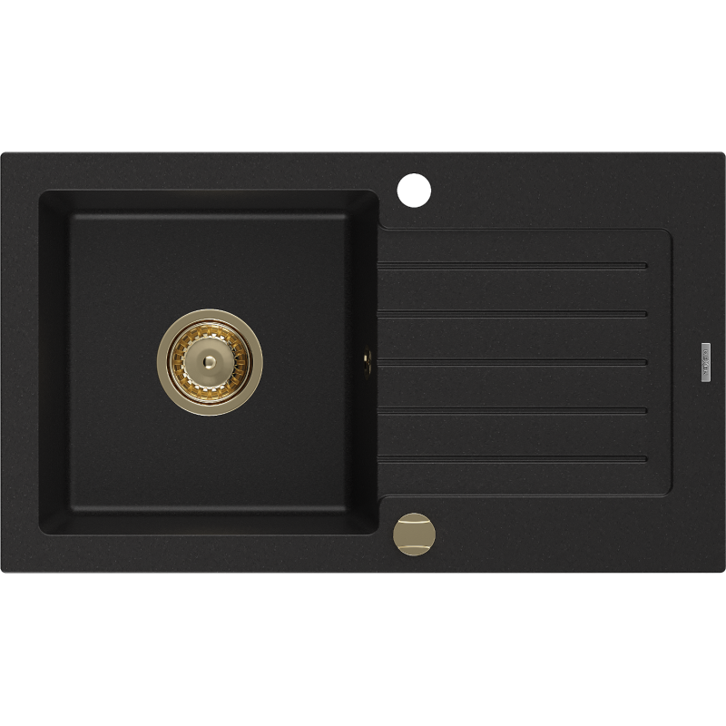 Mexen Pablo évier en granit 1-bac avec égouttoir 752 x 436 mm, noir, siphon doré - 6510751010-77-G