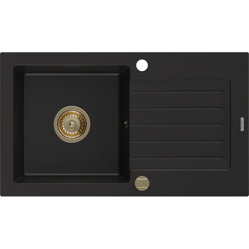 Mexen Pablo évier en granit à 1 cuve avec égouttoir 752 x 436 mm, Noir, siphon Or - 6510751010-77-G