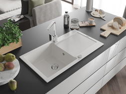 Mexen Leo évier en granit 1 bac avec égouttoir et robinet de cuisine Rita, blanc - 6501-20-670300-00