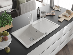 Mexen Leo évier en granit 1 bac avec égouttoir et robinet de cuisine Rita, blanc - 6501-20-670300-20