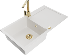 Mexen Leo évier en granit 1 bac avec égouttoir et robinet de cuisine Rita, blanc - 6501-20-670300-50