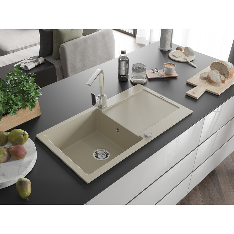 Mexen Leo évier en granit 1 bac avec égouttoir et robinet de cuisine Rita, beige - 6501-69-670300-00
