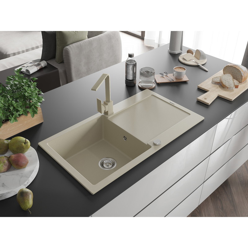 Mexen Leo évier en granit 1 compartiment avec égouttoir et robinet de cuisine Rita, beige - 6501-69-670300-69