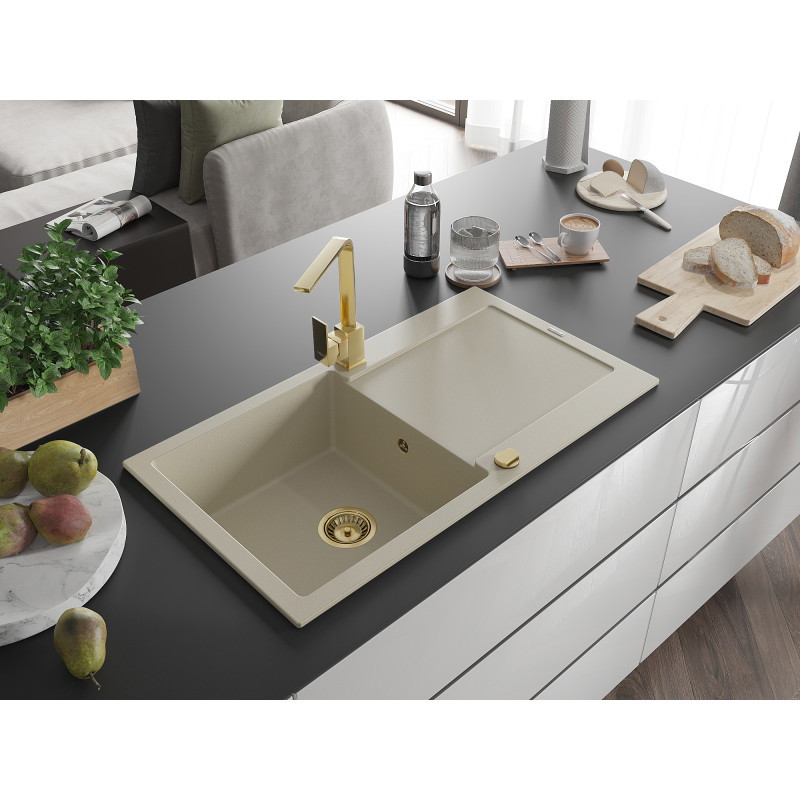 Mexen Leo évier en granit 1 bac avec égouttoir et robinet de cuisine Rita, beige - 6501-69-670300-50