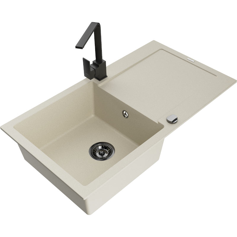 Mexen Leo évier en granit 1 bac avec égouttoir et robinet de cuisine Rita, beige - 6501-69-670300-70