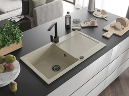 Mexen Leo évier en granit 1 cuve égouttoir avec robinet Rita, beige - 6501-69-670300-70