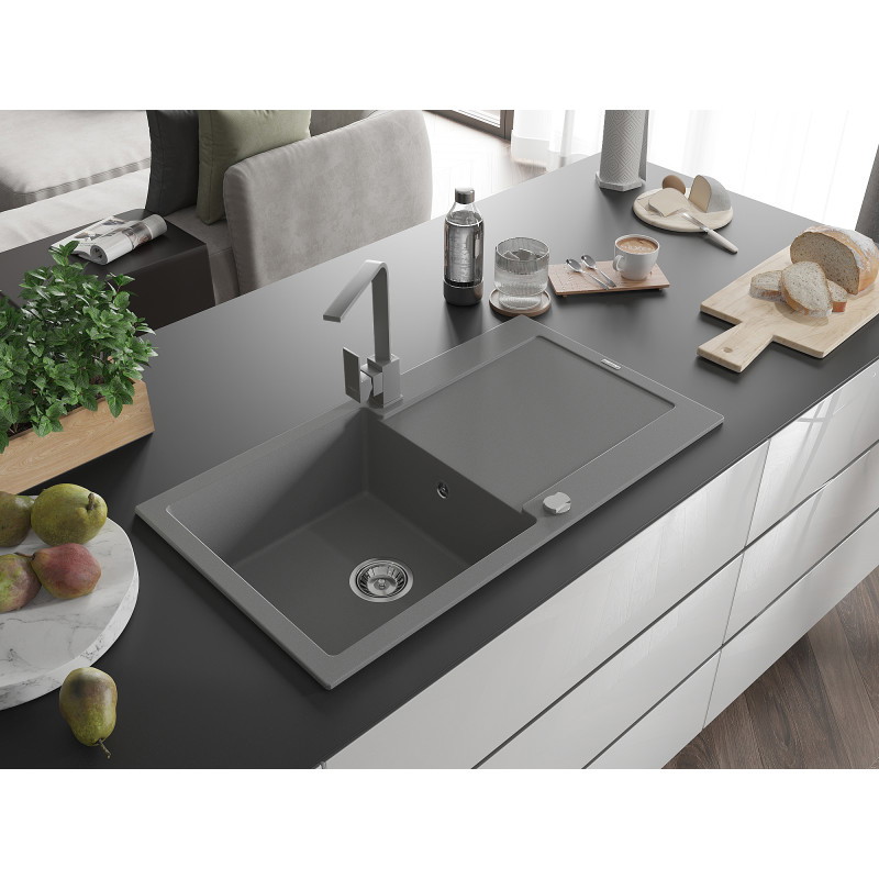 Mexen Leo évier en granit 1 bac avec égouttoir et robinet de cuisine Rita, gris - 6501-71-670300-71